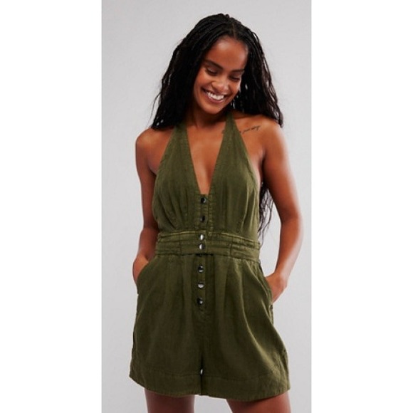 Free People Pants - Free People City's Edge Romper in Dried Basil Linen Blend M
